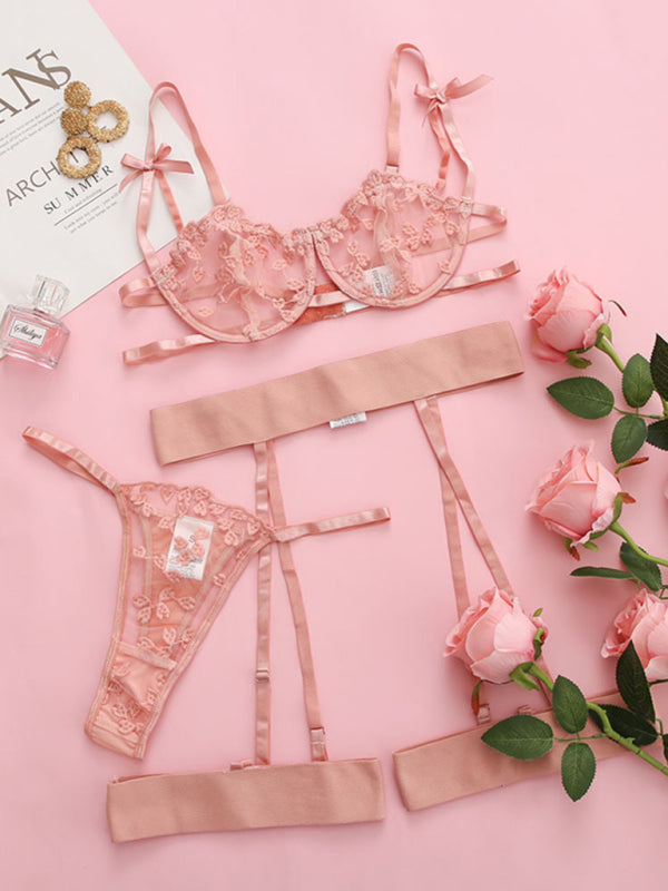 Lace Mesh See-Through Three Piece Lingerie Set