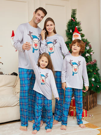 Blue Plaid Round Neck Long Sleeve Parent-Child Family Pj's