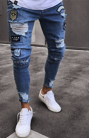 Men's Patchwork Frayed Slim Fit Jeans