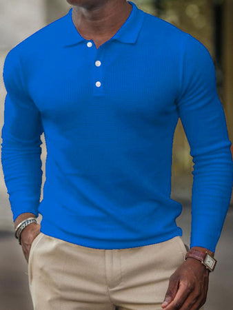 Men's Solid-Color Button Long-Sleeve Polo Shirt