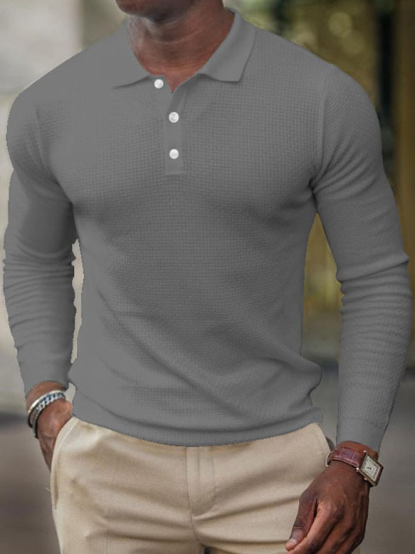 Men's Solid-Color Button Long-Sleeve Polo Shirt