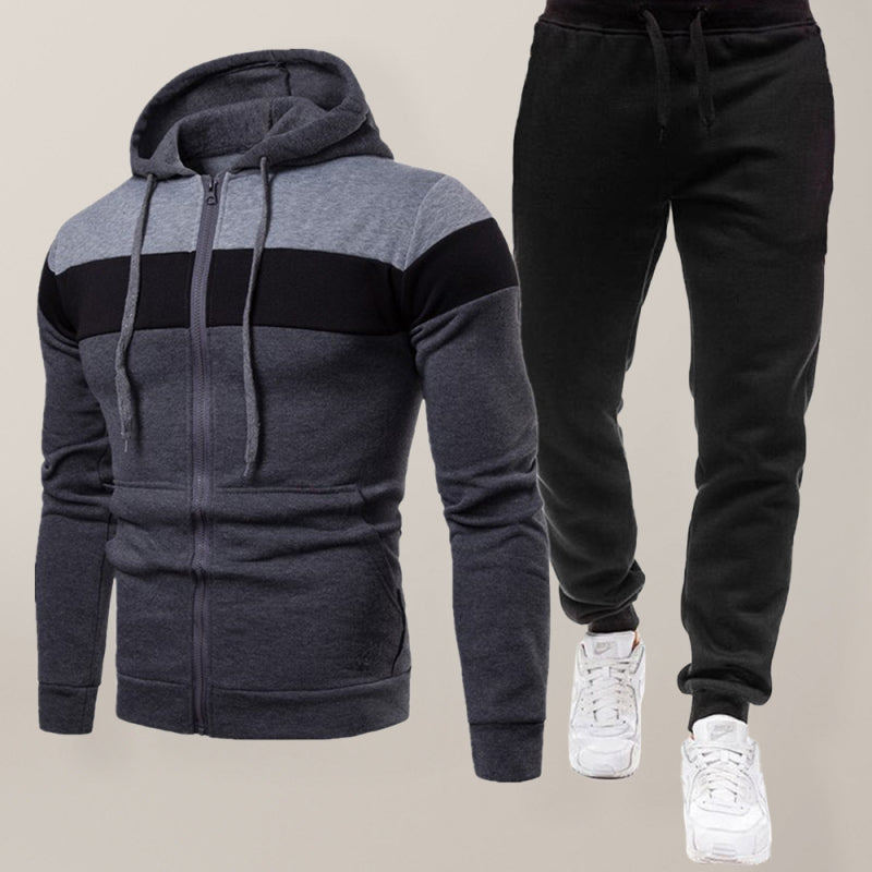 Men's Color-block Slim Fit Zip Hoodie And Slim Pants Set