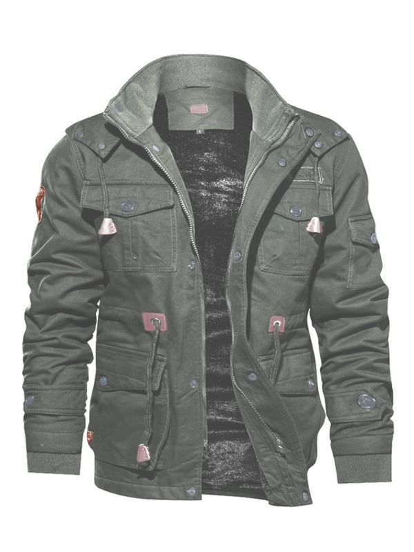Men's Mid-Length Loose Stand Collar Hooded Jacket