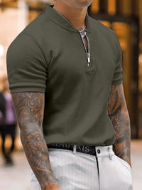 Thumbnail for Men's Solid Color Zipper Stand Collar Casual Short Sleeve T-shirt