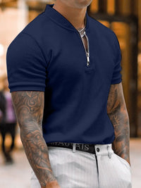 Thumbnail for Men's Solid Color Zipper Stand Collar Casual Short Sleeve T-shirt