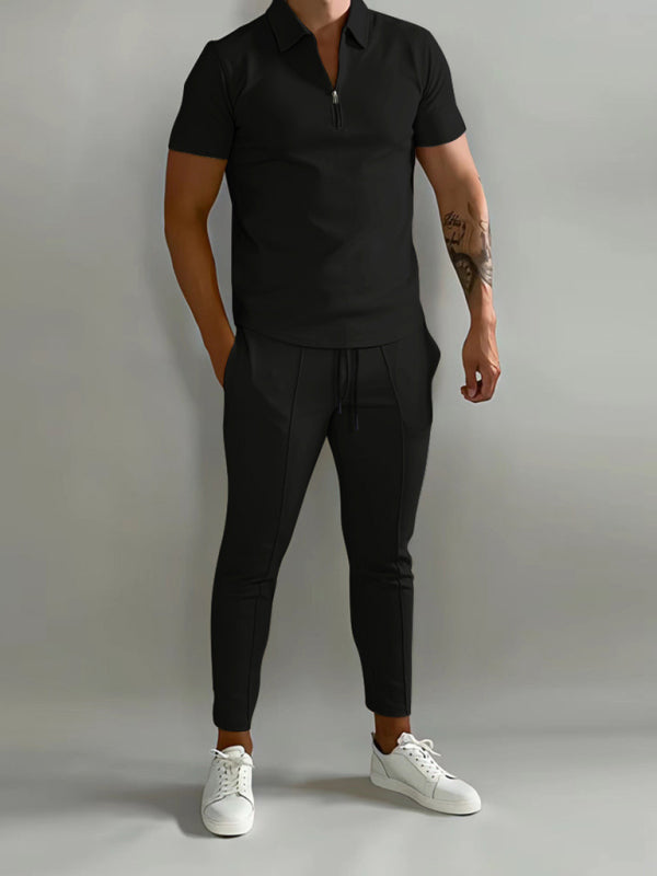 Full Size Solid Color Zip Polo & Pants Set