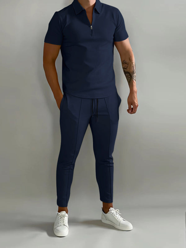 Full Size Solid Color Zip Polo & Pants Set