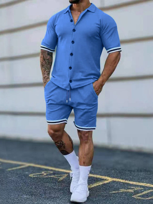 Full Size Solid-Color Short-Sleeve Button-Down Shirt & Shorts
