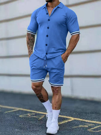 Full Size Solid-Color Short-Sleeve Button-Down Shirt & Shorts