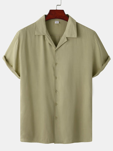 Men's Solid Color Regular Fit Short Sleeve Linen And Cotton Button-Up Shirt