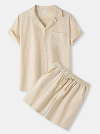 Thumbnail for Men's Solid Color Linen Short Sleeve With Matching Shorts Pajamas