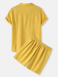 Thumbnail for Men's Solid Color Linen Short Sleeve With Matching Shorts Pajamas
