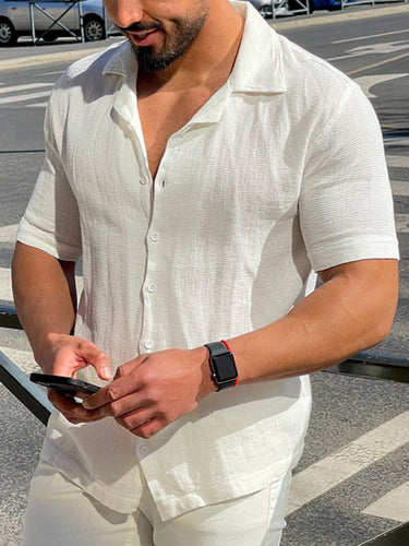 Men's Solid Color Short Sleeve Lapel Collar Casual Shirt