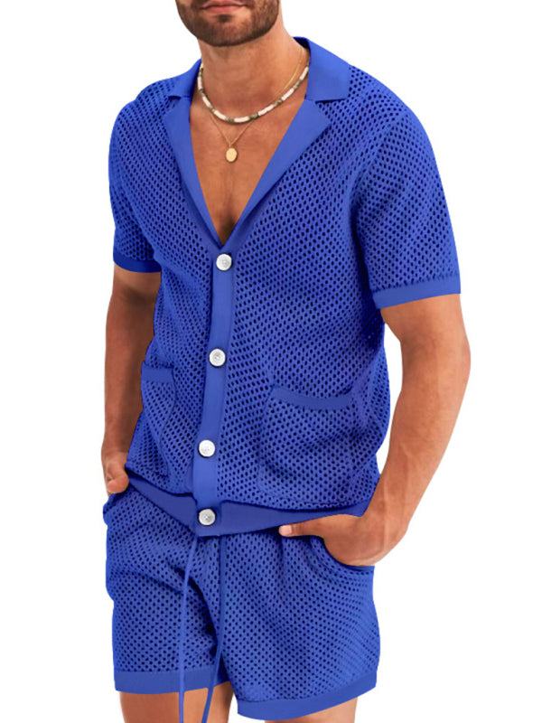 Men's Knit Lapel Short Sleeve Top & Shorts Set