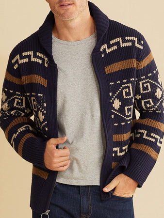 Men's Full Size Casual Lapel Jacquard Knitted Jacket