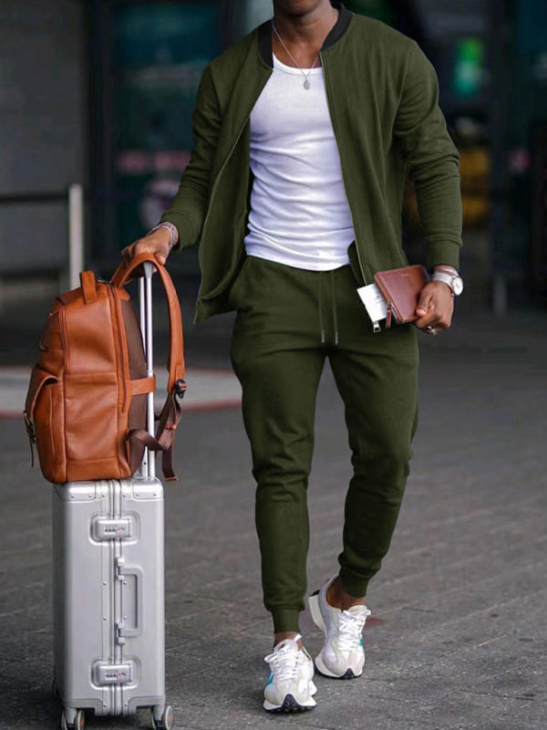 Men's Casual Solid Color Baseball Collar Jacket Suit