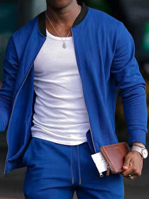 Men's Casual Solid Color Baseball Collar Jacket Suit