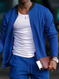 Thumbnail for Men's Casual Solid Color Baseball Collar Jacket Suit