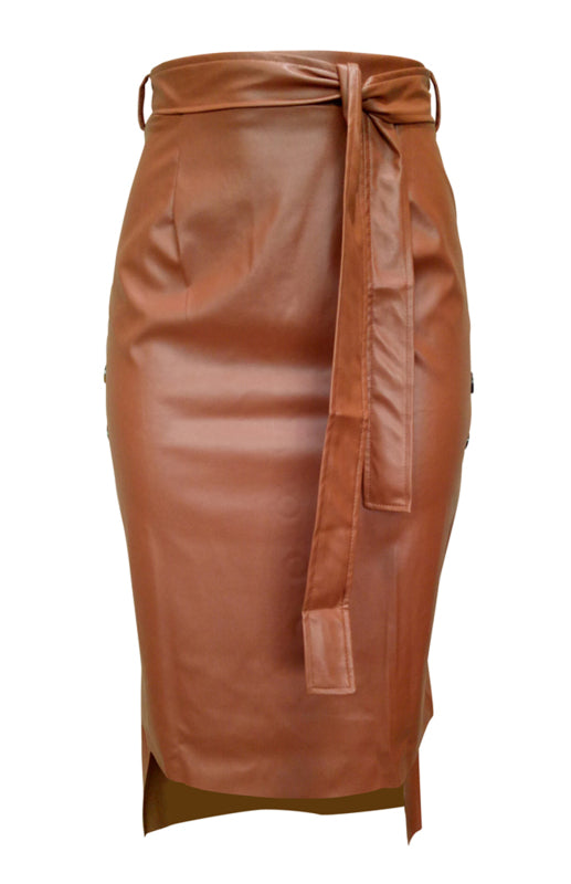 PU Leather Slit Mid Length Skirt