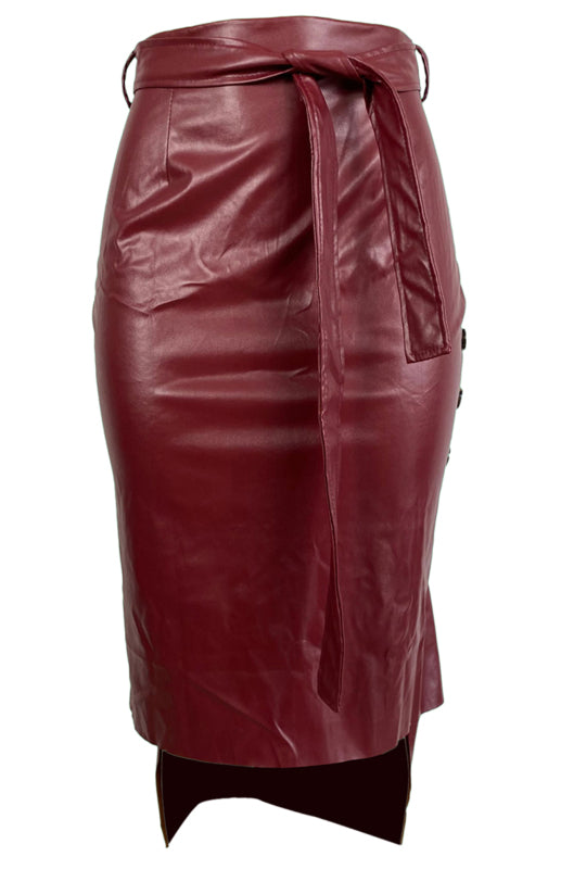 PU Leather Slit Mid Length Skirt