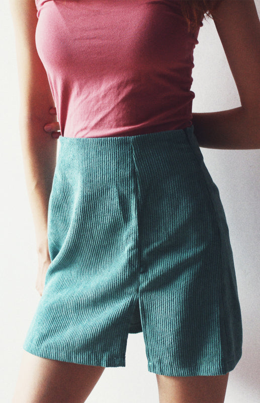 High Waist Corduroy Solid Split A-Line Skirt