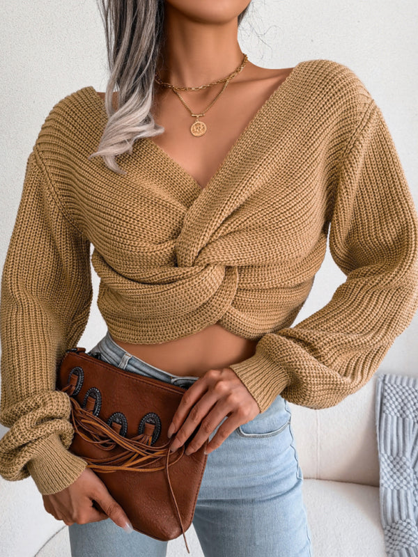 Women's Long Sleeve Knotted Cropped Sweater