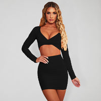 Thumbnail for Women’s Long Sleeve Wrap Top And Ruched Skirt Set