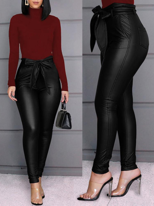 Women's Fashion Casual PU Leather Pants (with Belt)