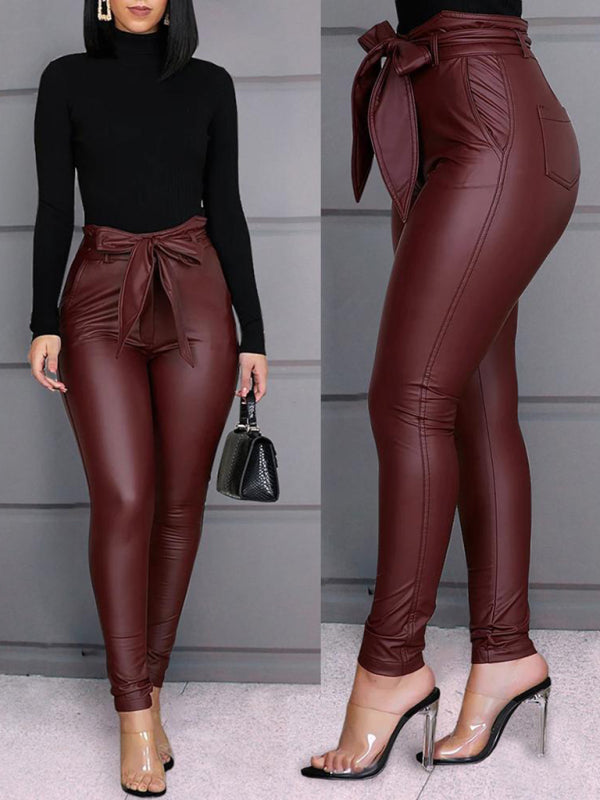 Women's Fashion Casual PU Leather Pants (with Belt)