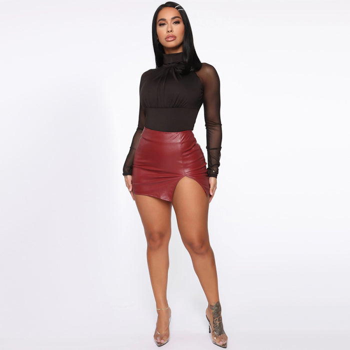 Women’s Slit Hem Faux Leather Mini Skirt
