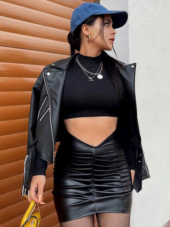 Women’s PU Leather V Low Waist Ruched Skirt