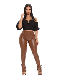 Thumbnail for PU Leather Skinny Lace Up Slit Ankle Pants