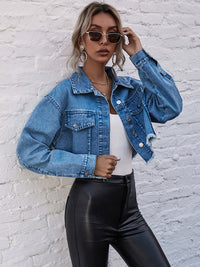 Thumbnail for Womens’ Collar Crop Frayed Denim Jacket