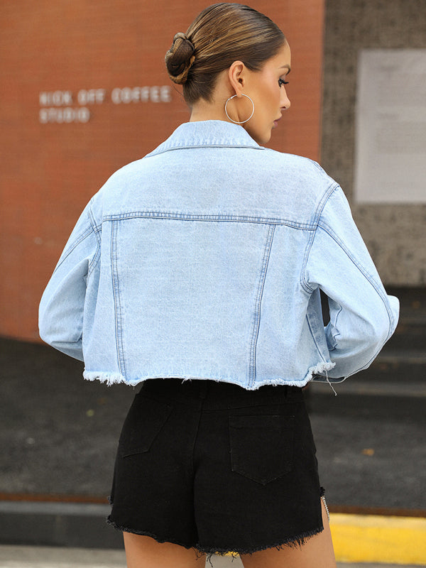 Womens’ Collar Crop Frayed Denim Jacket