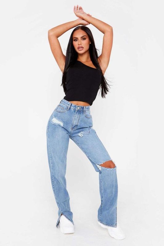 Women's Relaxed Ankle Slit Distressed Jeans