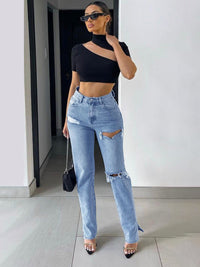 Thumbnail for Women's Relaxed Ankle Slit Distressed Jeans