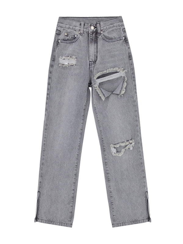 Women's Relaxed Ankle Slit Distressed Jeans