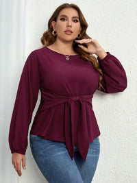 Thumbnail for Plus Size Solid Color Puff Long Sleeve Tie Waist Top