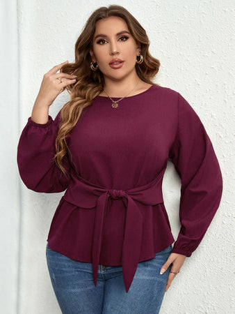 Plus Size Solid Color Puff Long Sleeve Tie Waist Top