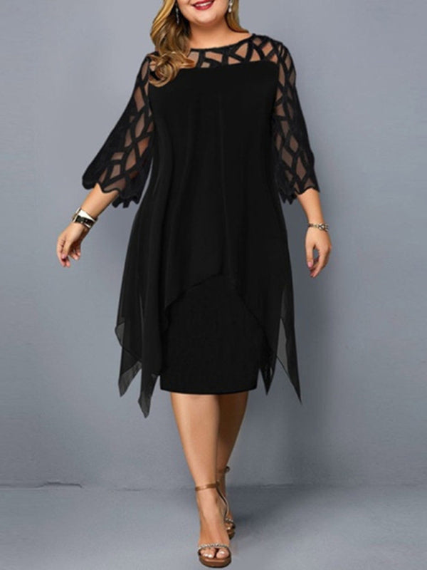 Plus Size Lace Stitching Three-quarter Sleeve Irregular Hem Chiffon Dress