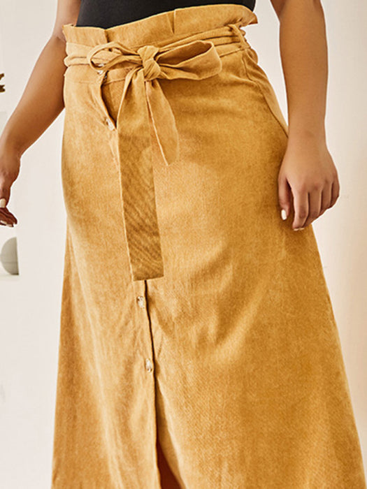 Plus Size Slim High Waist Corduroy Belt A Line Skirt