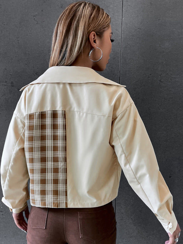 Women's Contrast Pattern Plaid Print Cropped Jacket