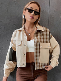 Thumbnail for Women's Contrast Pattern Plaid Print Cropped Jacket