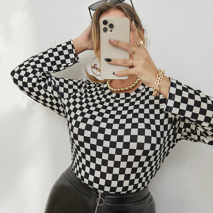 Plus Size Checkerboard Round Neck Long Sleeve T-Shirt
