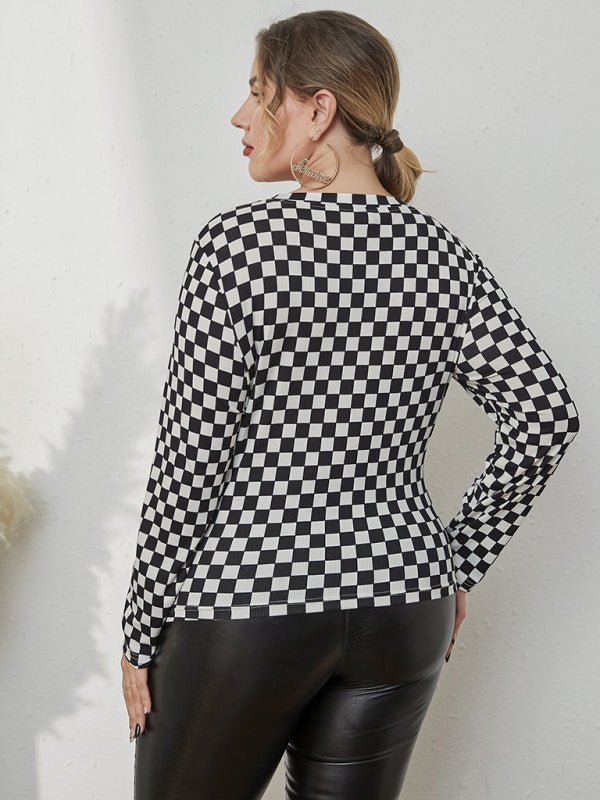 Plus Size Checkerboard Round Neck Long Sleeve T-Shirt