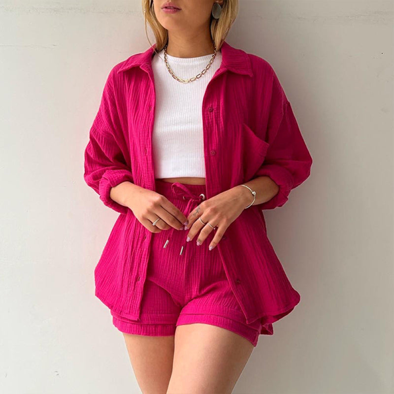 Women's Solid Color Lightweight Pleated Pattern Point Collar Button-up Top Matching Short Set