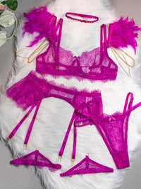 Thumbnail for Lace Feather Detail Three-Piece Lingerie Set