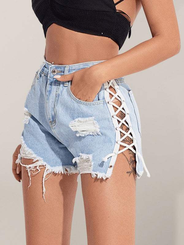 Women's Distressed Side Lace-up Denim Shorts