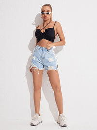 Thumbnail for Women's Distressed Side Lace-up Denim Shorts