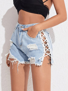 Women's Distressed Side Lace-up Denim Shorts